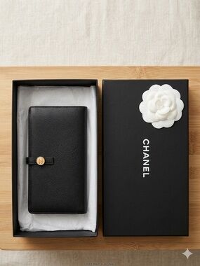 CHANEL Black Quilted Long Wallet with Gold-Tone CC Button